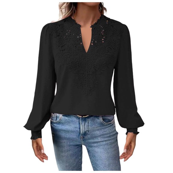 Women Fashion Solid V Neck Lace Long Sleeve Casual Simple And Comfortable T Shirt Top