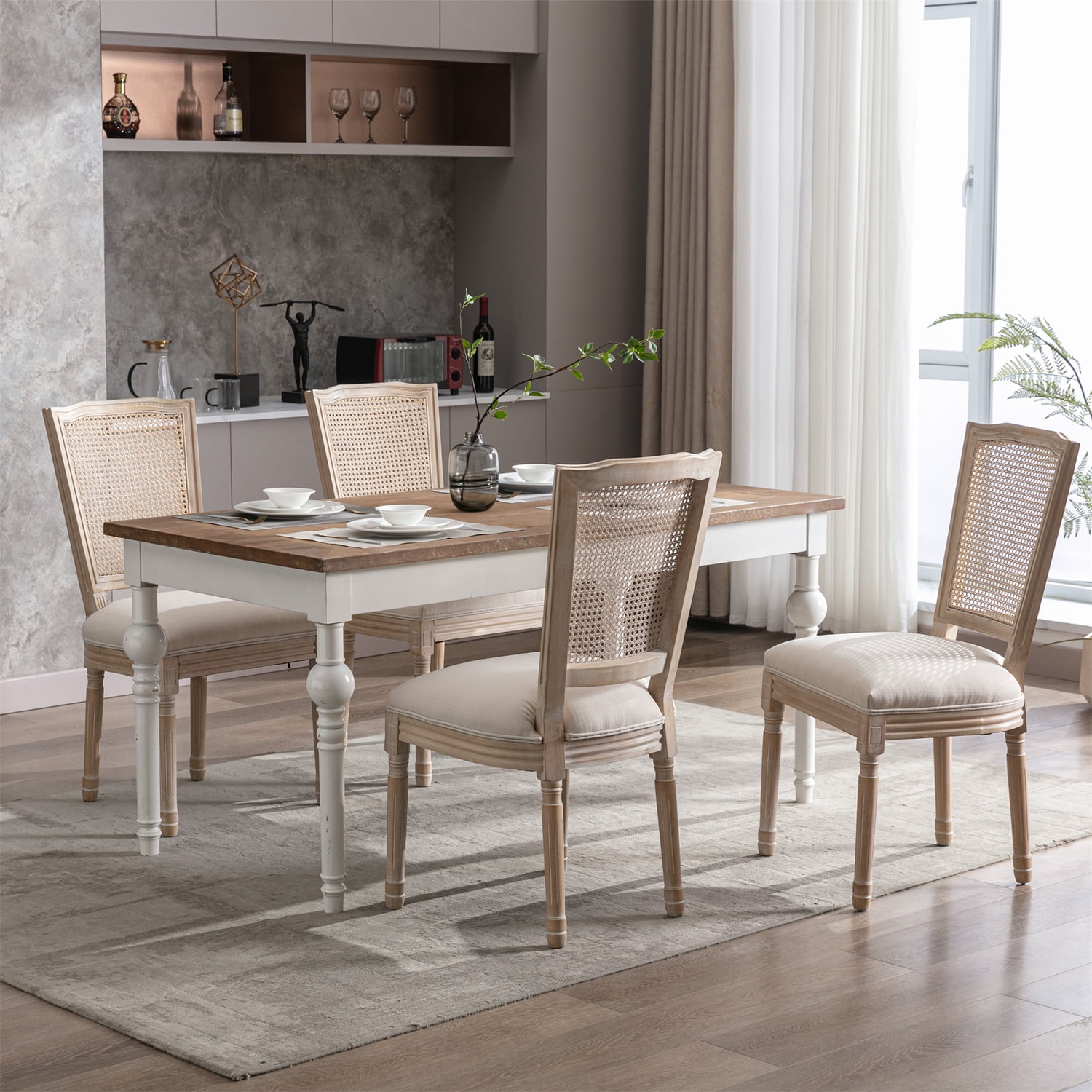 Farmhouse Accent Chairs, Modern Rattan Upholstered Wooden Armchair