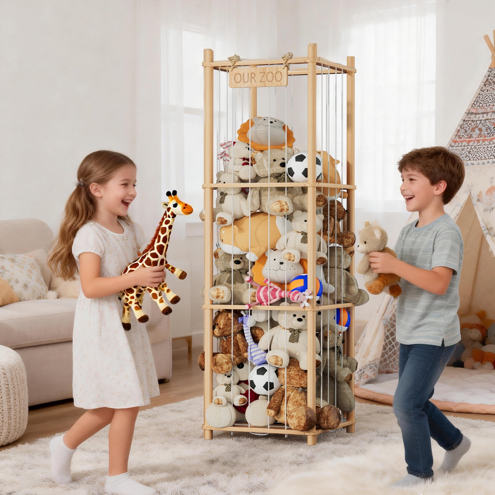 Stuffed Animal Storage Organizer, Wood Animals Zoo Toy Plushies Storage Holder, Large Capacity Plush Toy Cage for Playroom Organization, 15.7" Wide, Natural