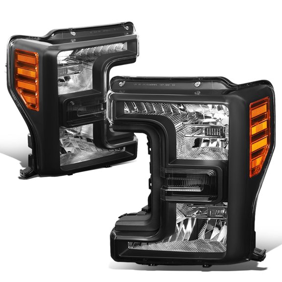 DNA Motoring OE Style Front Headlight Lamps for 2017-2019 Ford F250 Super Duty, Black / Amber