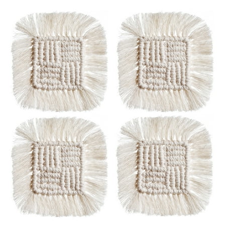 

OOKWE 4Pcs Handmade Macrame Coasters for Drinks Absorbent Coasters Boho Woven Square Cup Mat Pad with Tassel Insulated Tableware Mat for Table Desk for Protection