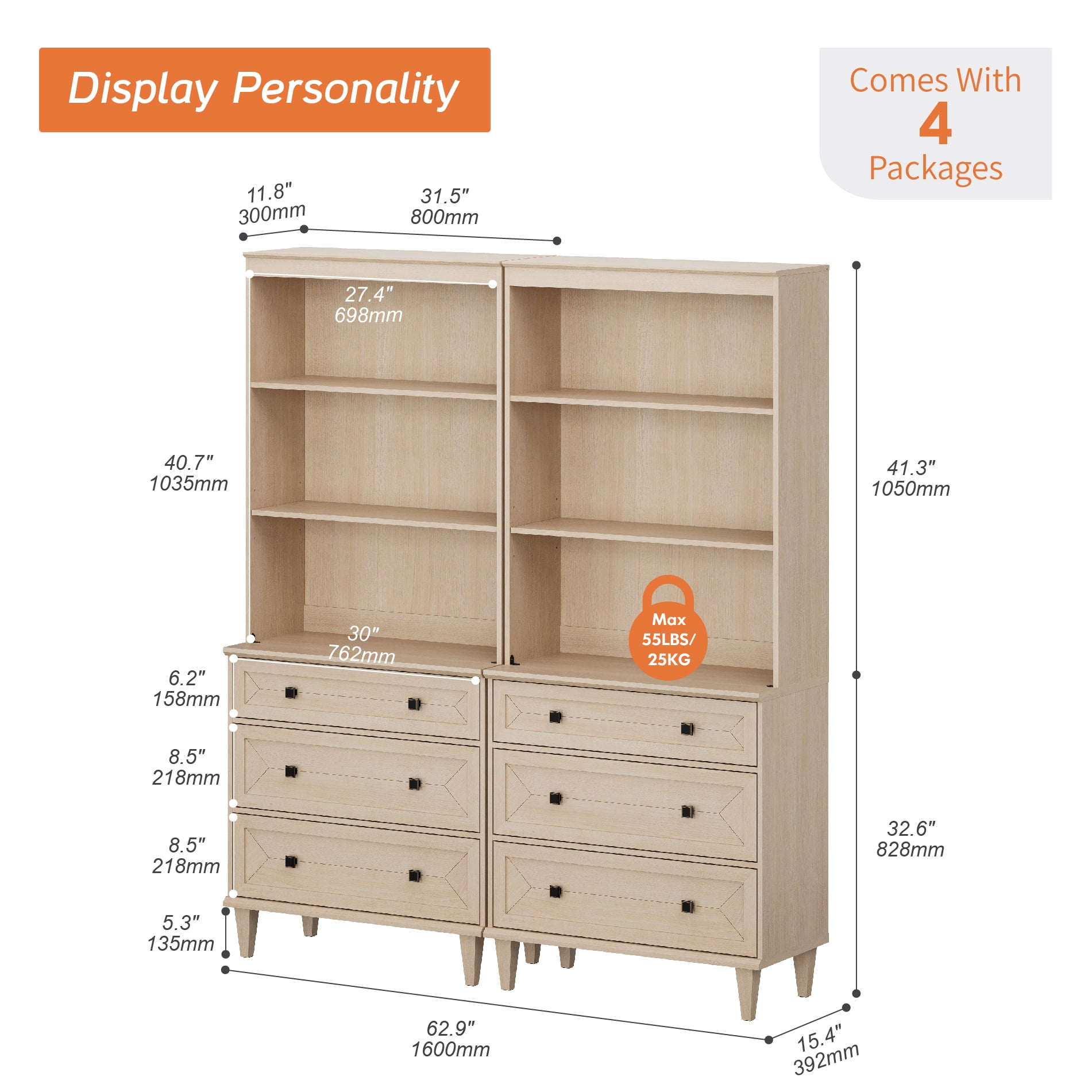 WAMPAT Handmade Patchwork 63" Wide Tall Bookshelf with Drawers, Beige