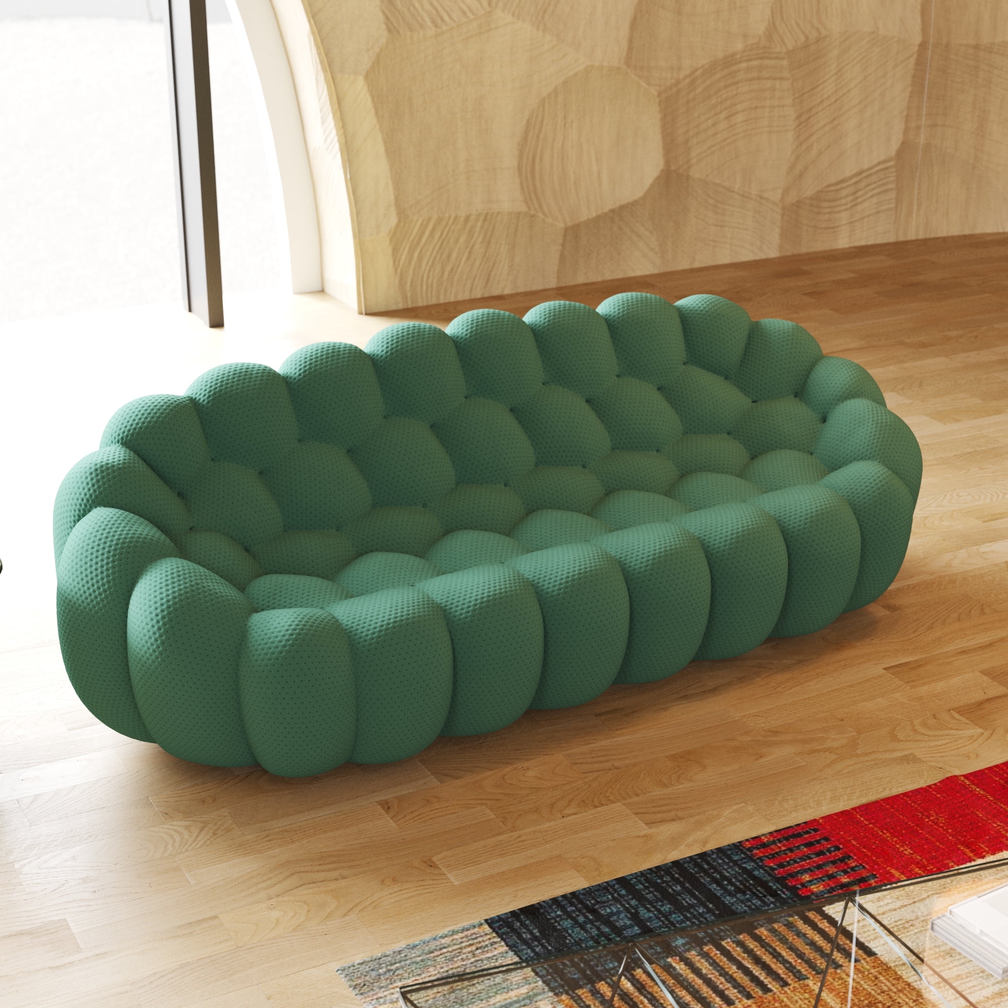 Sodrens 98.43" Bubble Couch,Modern Upholstered Mesh Fabric Lazy Floor Sofa,3D Honeycomb Shape Bubble Sofa Curved Couch for Living Room,Office,Apartment,No-Assembly(Green,3-Seater)