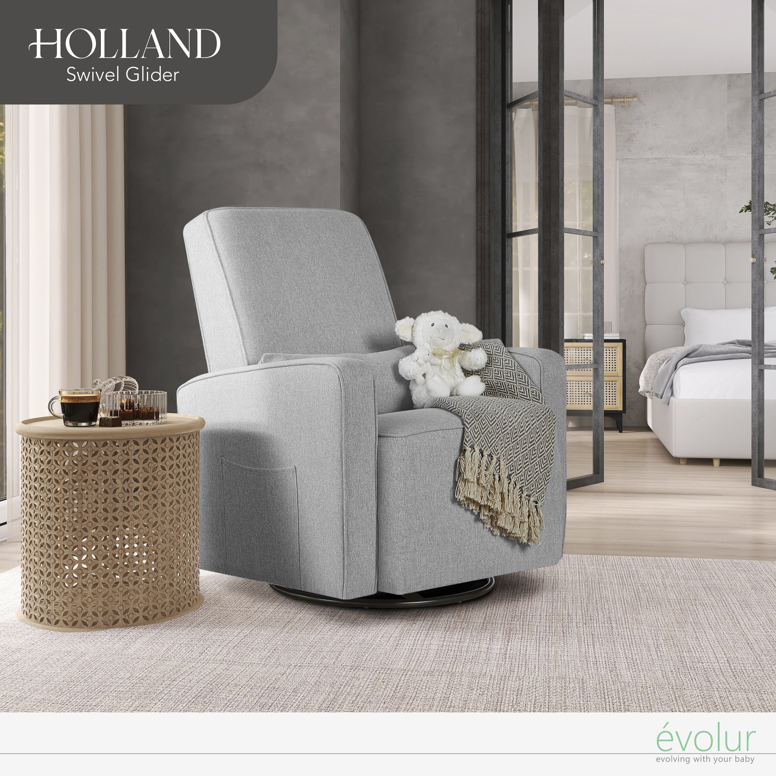 Evolur Holland Upholstered Swivel Glider | Rocker I Included Lumbar Pillow I Modern Design, Luxe Grey