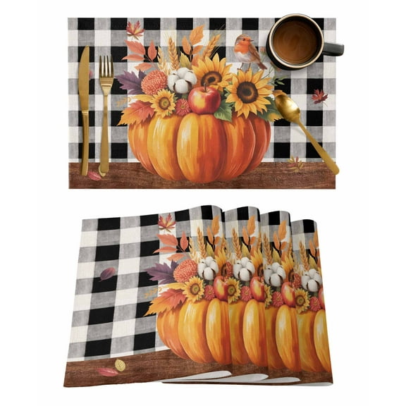 Thanksgiving Placemats Set of 1 Fall Pumpkin Sunflower Black White Plaid Heat Insulation Washable Place Mats, Rustic Non-Slip Table Mats for Dining Table Party Kitchen Decor,13x19 Inch