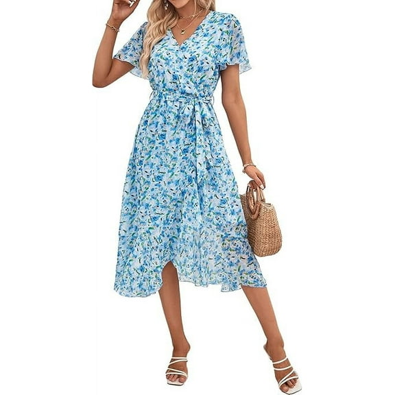 PRETTYGARDEN Women's Floral Boho Dress Wear To Work Wrap V Neck Short Sleeve Belted Ruffle Hem A-Line Flowy Maxi Dresses