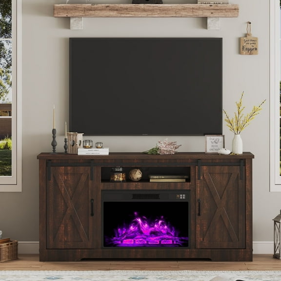 Merluxy 63" Fireplace TV Stand with Sliding Barn Door & Adjustable Shelves, Reclaimed Barnwood