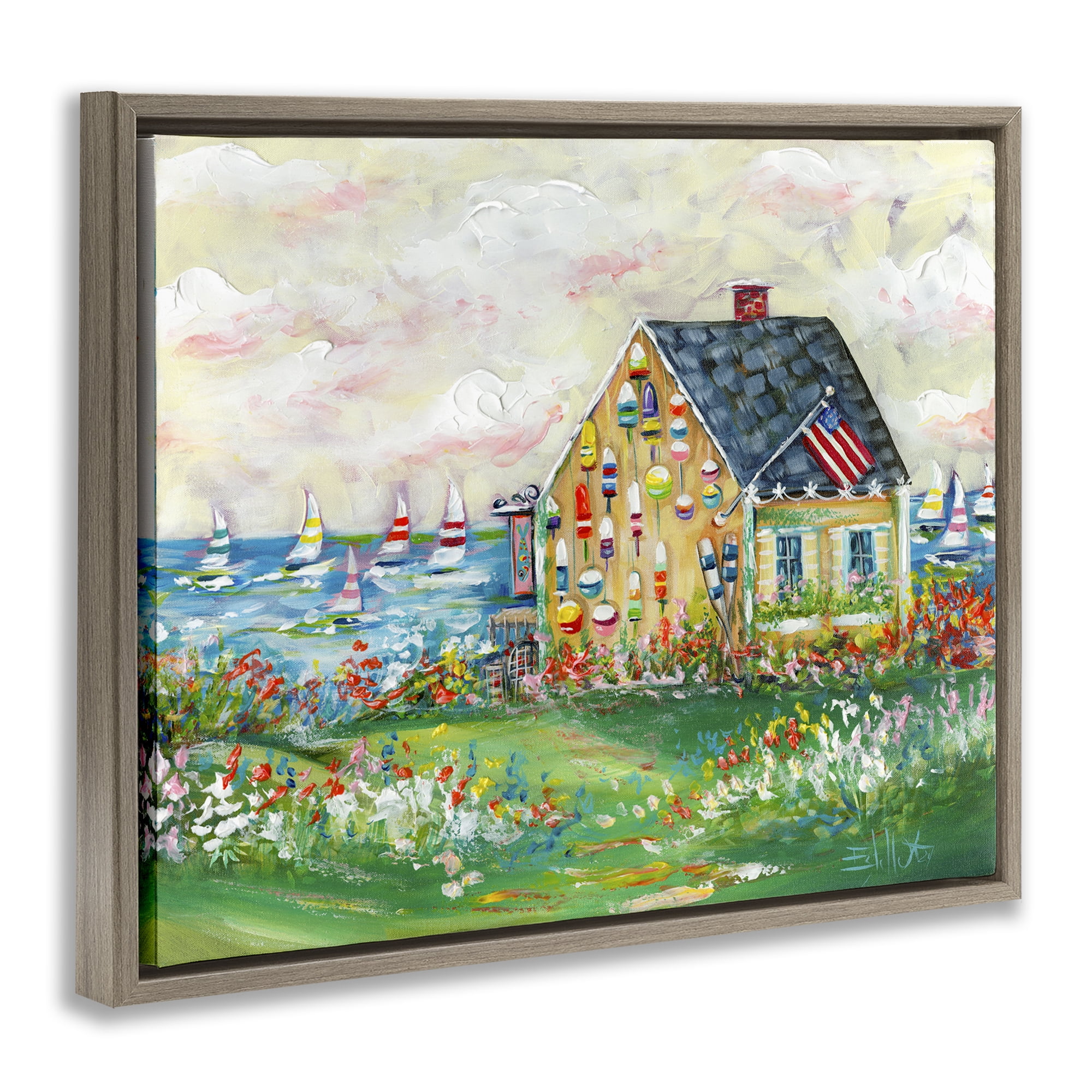 Stupell Industries Buoy Covered Boat House Landscape & Nature Painting Brown Floater Framed Canvas Art Print Wall Art, 21 x 17