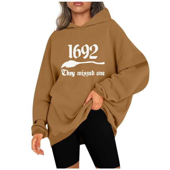 Lolmot Halloween Sweatshirts for Women 1692 They Missed One Hooded Sweatshirt Vintage Casual Loose Funny Letter Long Sleeve Pullover Tops
