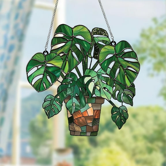 Monstera leaves Window Decor, NOT Glass, Flowers Acrylic Window Hanging Art Decoration, Home Decorations For Plant, Lover Plant Mom