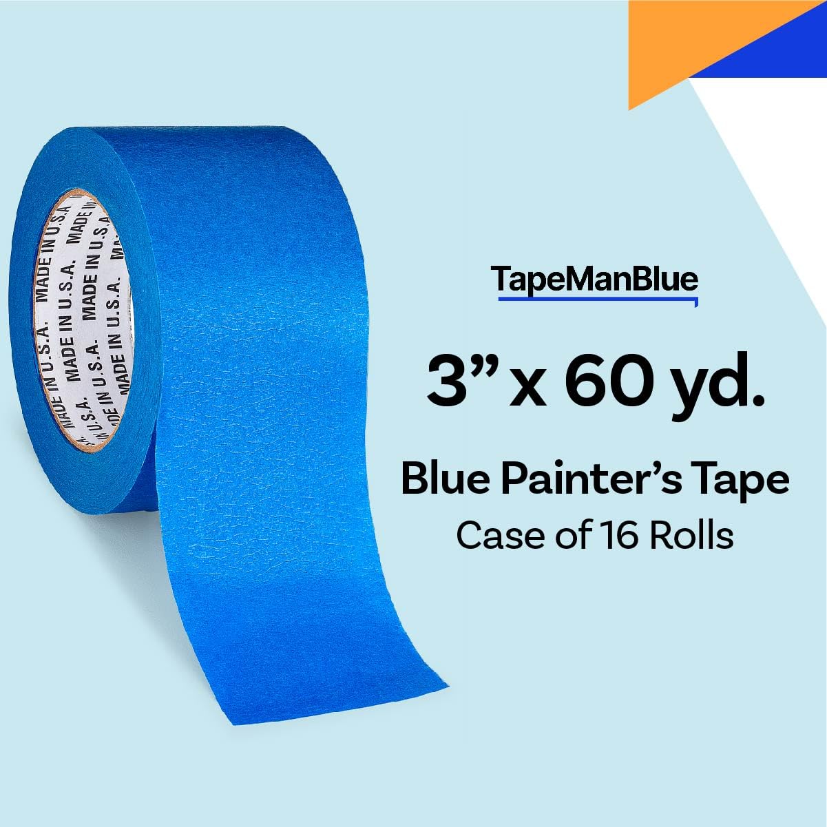 Blue Painters Tape 3 inch x 60 Yards - Case of 16 Rolls, Made in America, Clean Removal, UV-Resistant Blue Painters Masking Tape in Bulk (3" x 180')