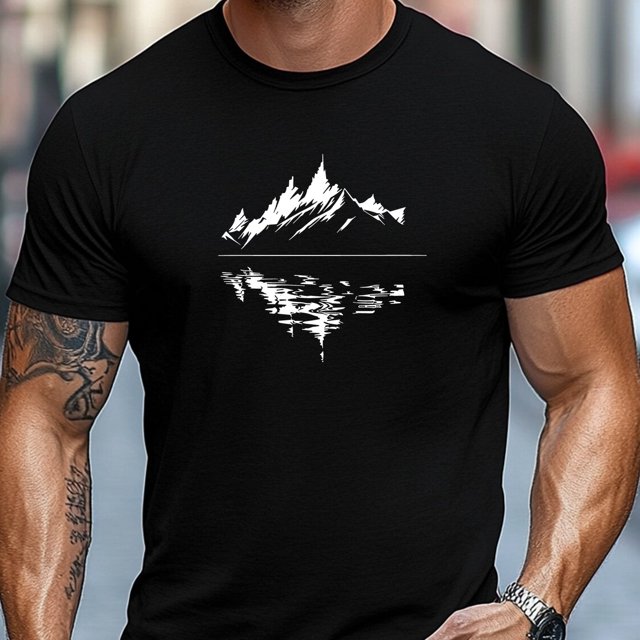 Men'S T-Shirt, Easygoing And Casual, Comfortable And Versatile, Featuring a Summer Short-Sleeve Round Neck Design with a Mountain Reflection Pattern,