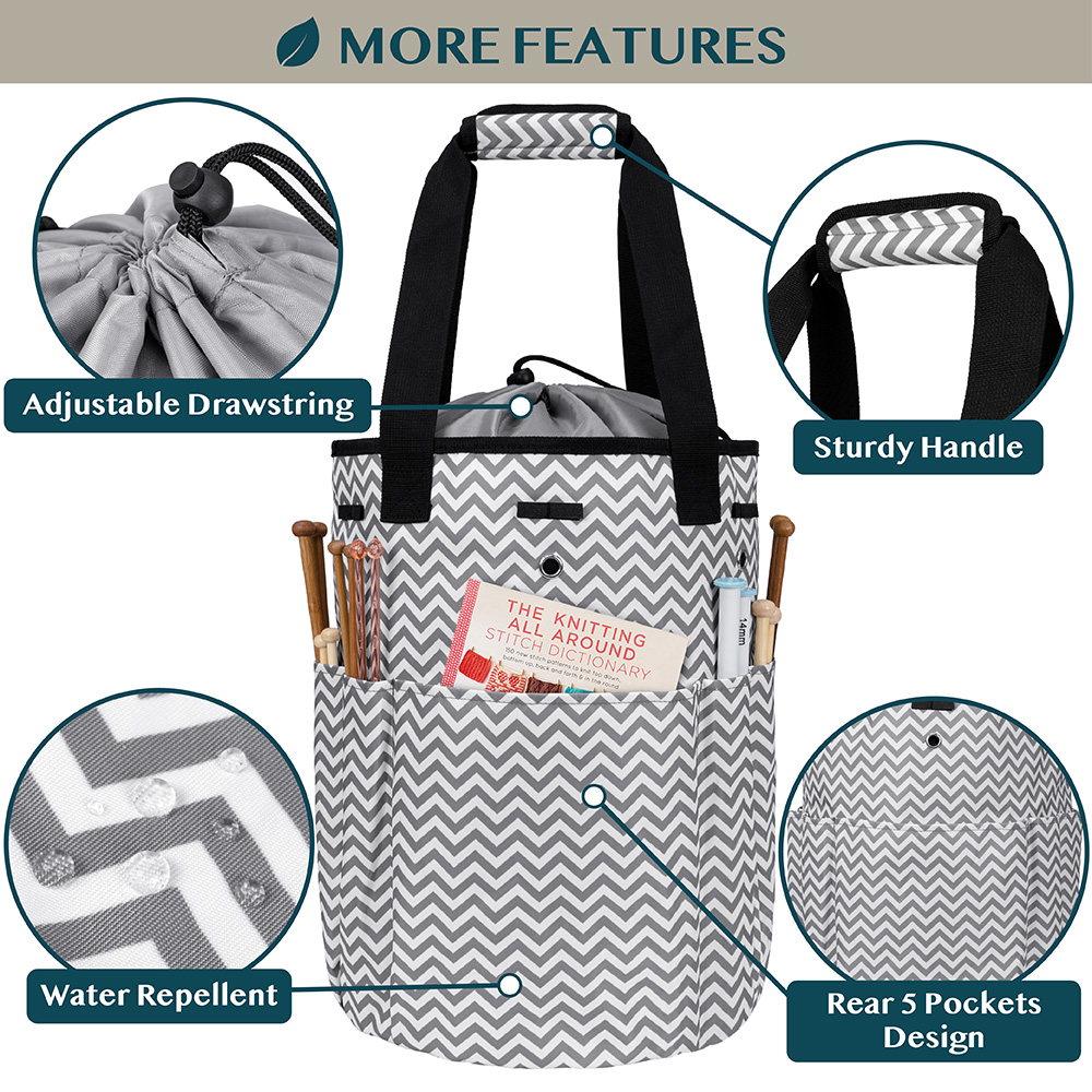 PAVILIA Knitting Bag Crochet Organizer Bag, Yarn Storage Tote, Knitting Accessories Supplies, Yarn Holder For Knitting With Grommets, Needles Hooks Essentials, Crochet Project Case (Chevron Gray)