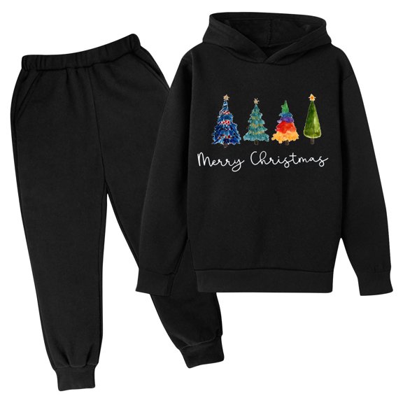 Piuwrlz Long Sweatshirt Sleeved and Elastic Waist Pants Little Girls Boys Sweatsuits 2pcs Sets Printed Christmas Hood Activewear Set Black Size 3 Years
