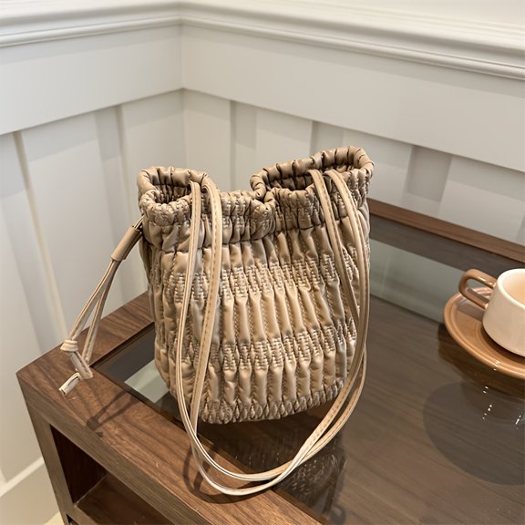 JUYGO Pleated Bucket Bag For Women Versatile PU Shoulder Bag Fashionable Drawstring Top Closure Handbag