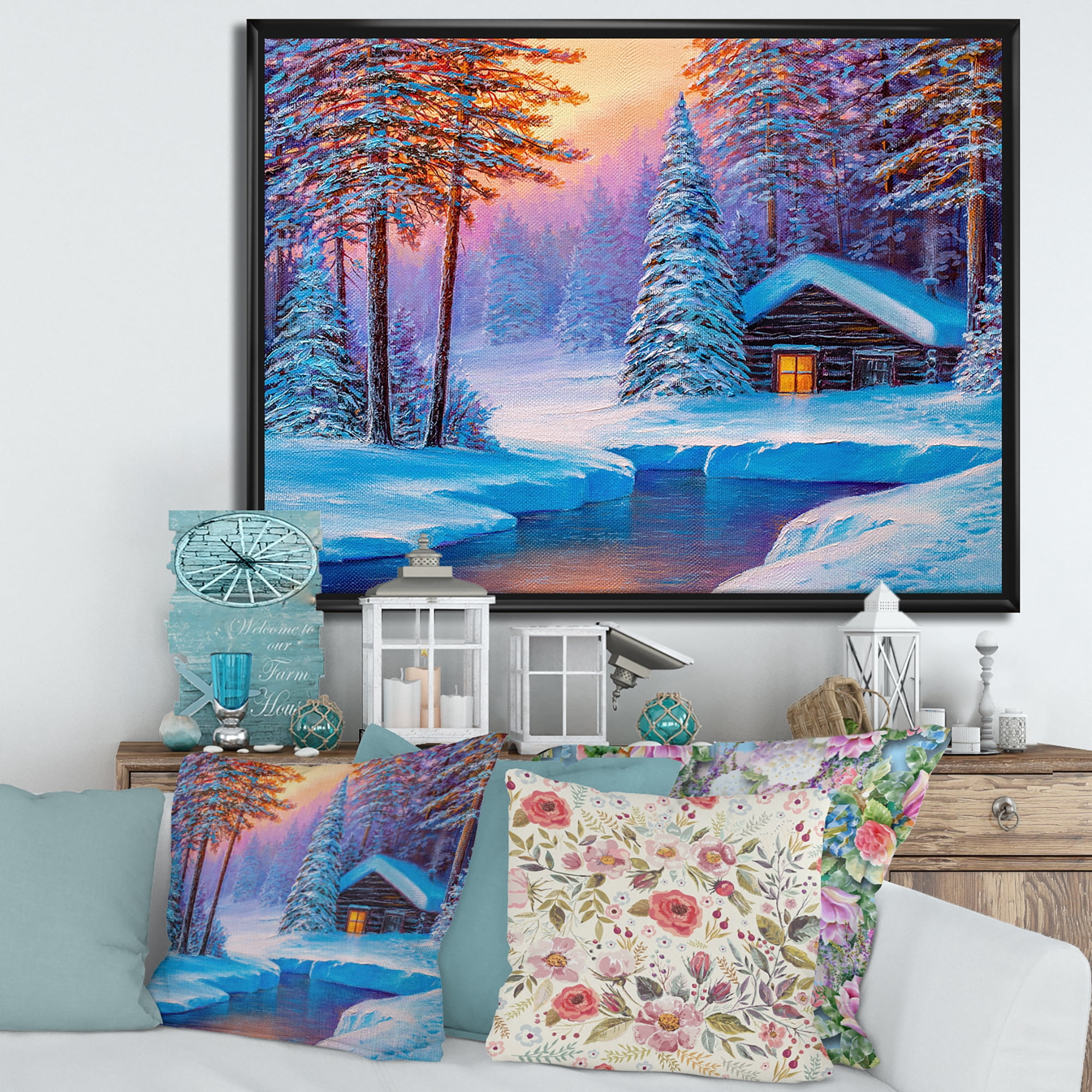 Designart 'Old Cabin In Winter Forest In Evening Glow I' Traditional Framed Canvas Wall Art Print