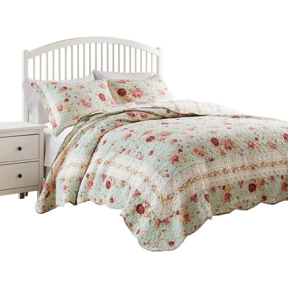 Benjara Rosle 3pc Full/Queen Size Bedspread Set, 2 Shams, Rose Print, Blue Cotton