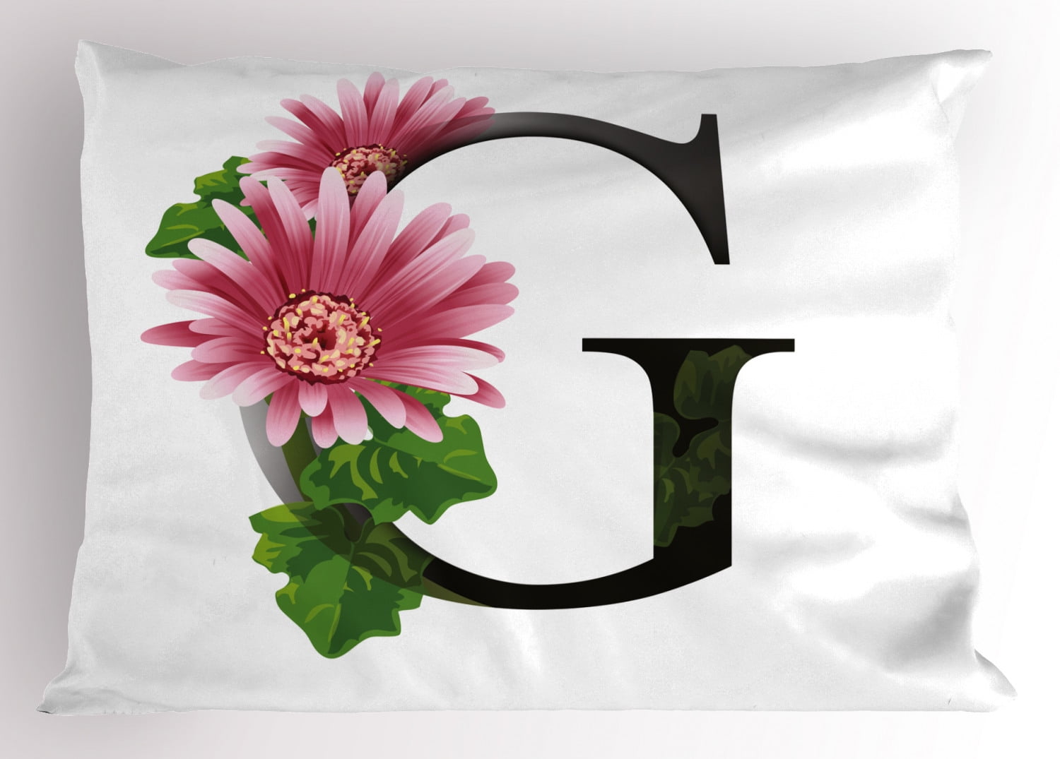 Letter G Pillow Sham Alphabet Letter with Blossoming Gerbera Flower and