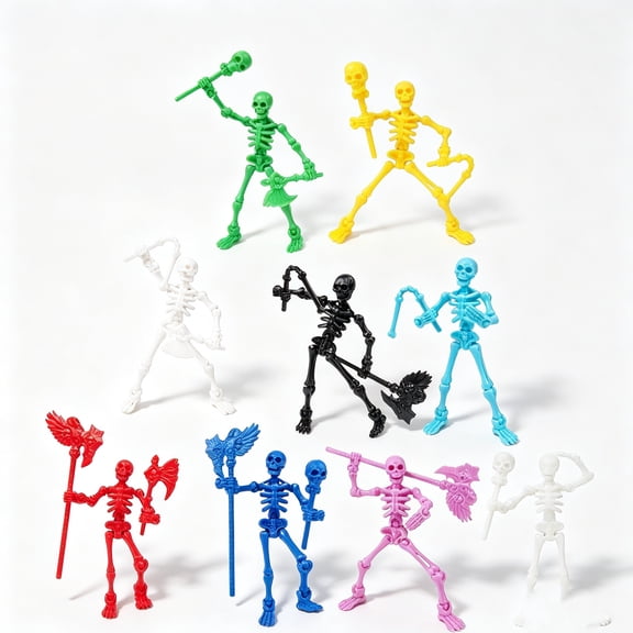 Mskk Multi-Color Movable Joint Skeleton Mini Figurine, 5.3" Posable Plastic Skeleton Action Figure Halloween Decor for Table, Haunted House Decor