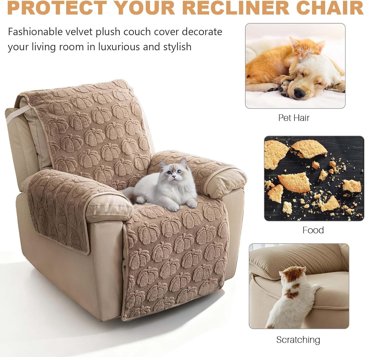 TOPCHANCES Plush Recliner Chair Cover, Faux Rabbit Fur 1-Seater Sofa Cover, Washable Armchair Protector with Adjustable Elastic Belt for 23 Inches Recliner (Khaki)