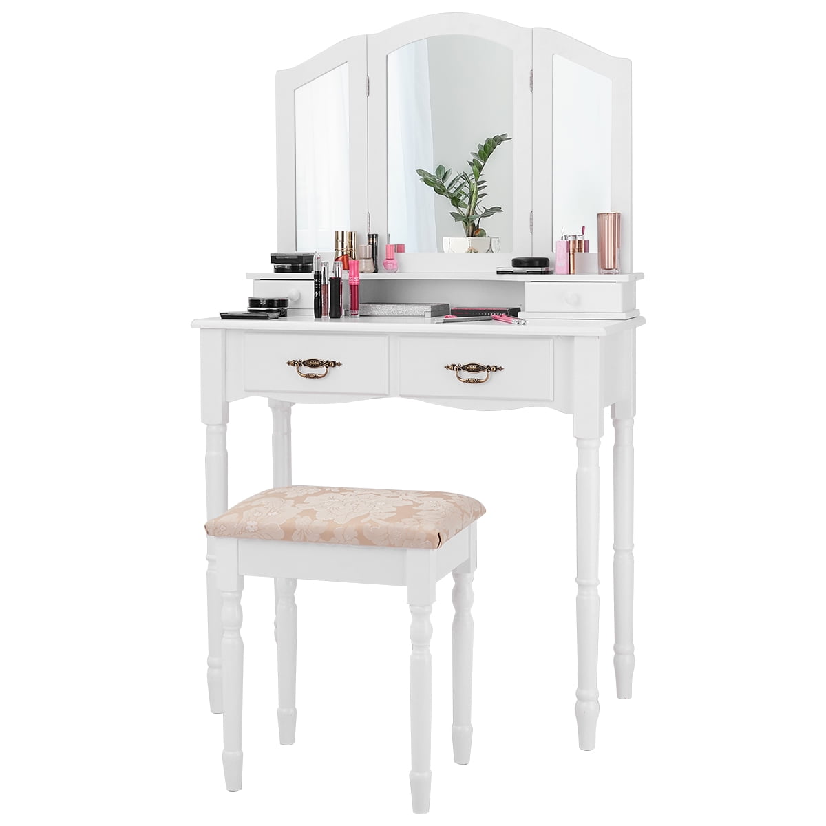 White Tri Folding Mirror Makeup Dressing Table Stool Vanity Set W