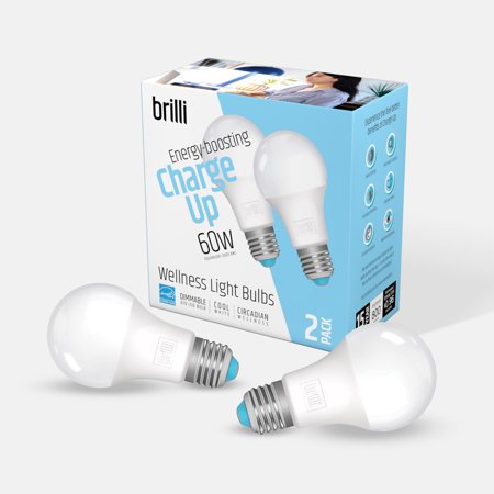 Brilli Charge Up LED Circadian Wellness Light Bulb  8 Watts (60W Equivalent) A19 E26 Base  Dimmable  Cool White  2-Pack