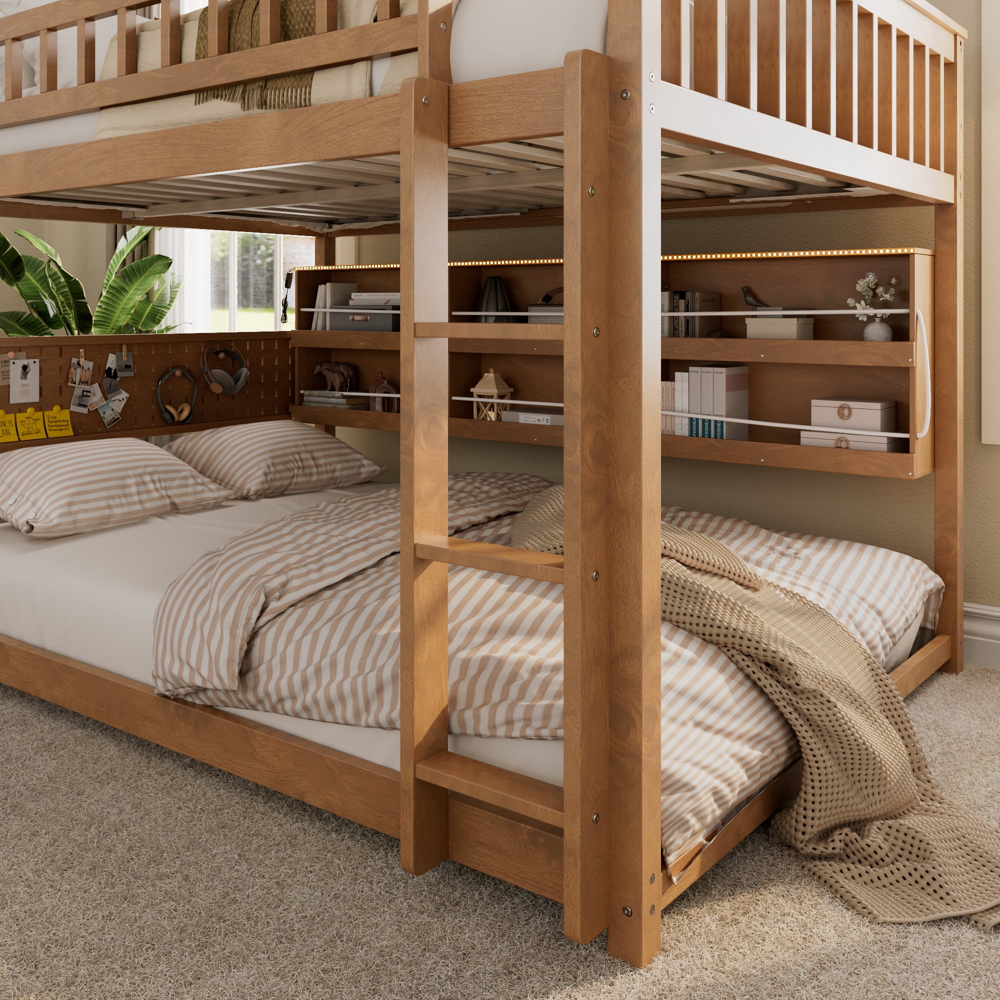 Leumius Full over Full Bunk Bed with Integrated Shelving, Color-Changing Lights and Pegboard for Boys Girls Brown