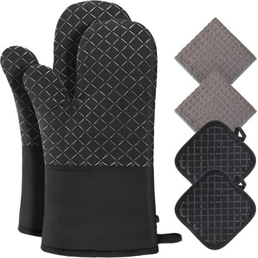 Oven Mitts and Pot Holders 6pcs Set,500℉High Heat Resistant Kitchen Oven Mitts Long Oven Mitts with Recycled Cotton Infill and Silicone Non-Slip Surface for Baking and Cooking(Black)