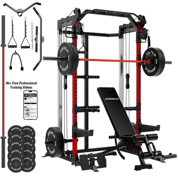 Mikolo Power Rack Cage, Dual Pulley Cable Crossover Machine,Multi-Function Squat Rack with J Hooks,Dip Bars and Landmine and 260LB Plates