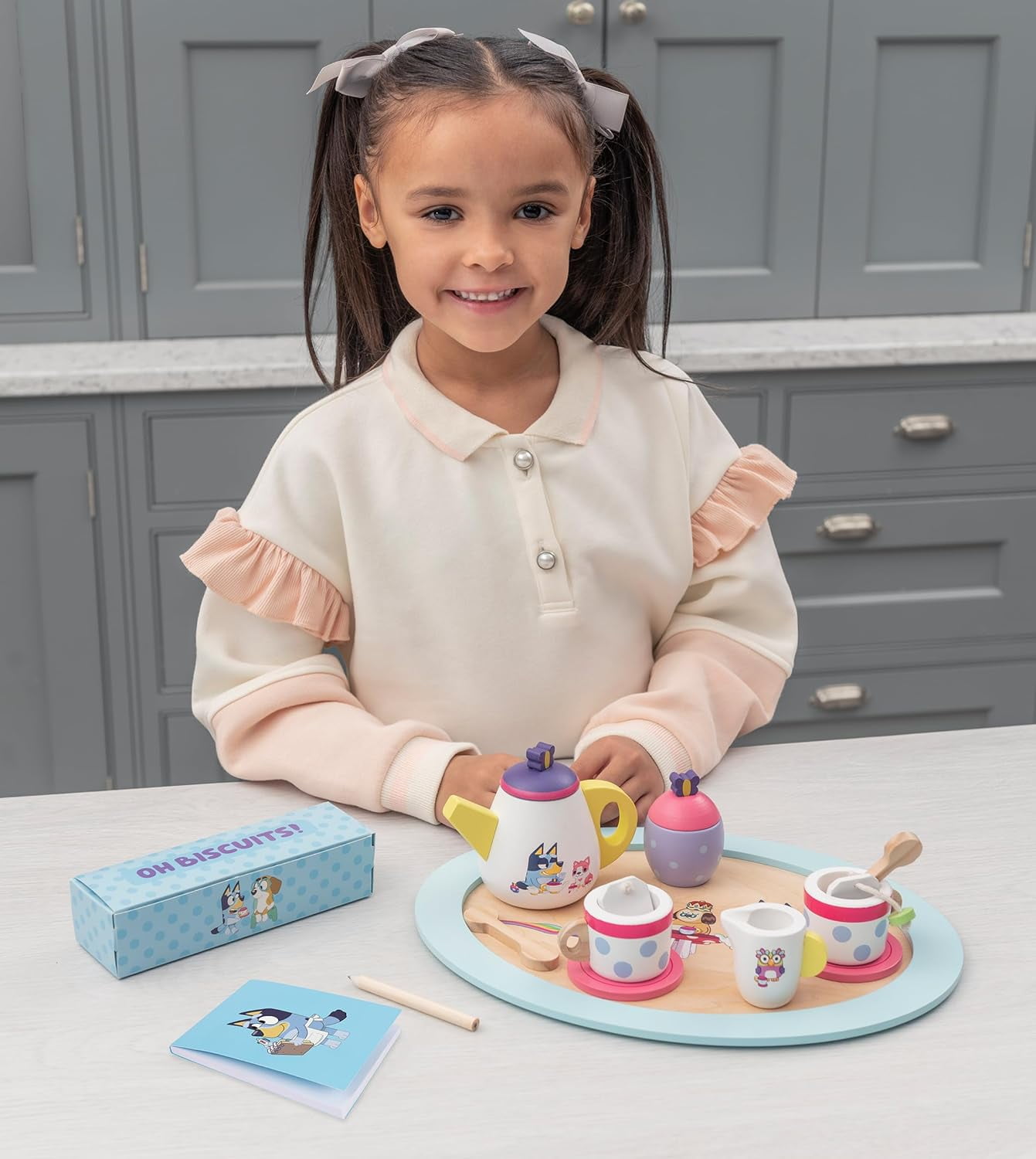 Bluey Tea Party Set, Wooden 20-Piece Pretend Play Set with Tray, Teapot, Tea Cups, Biscuits, Ages 3+