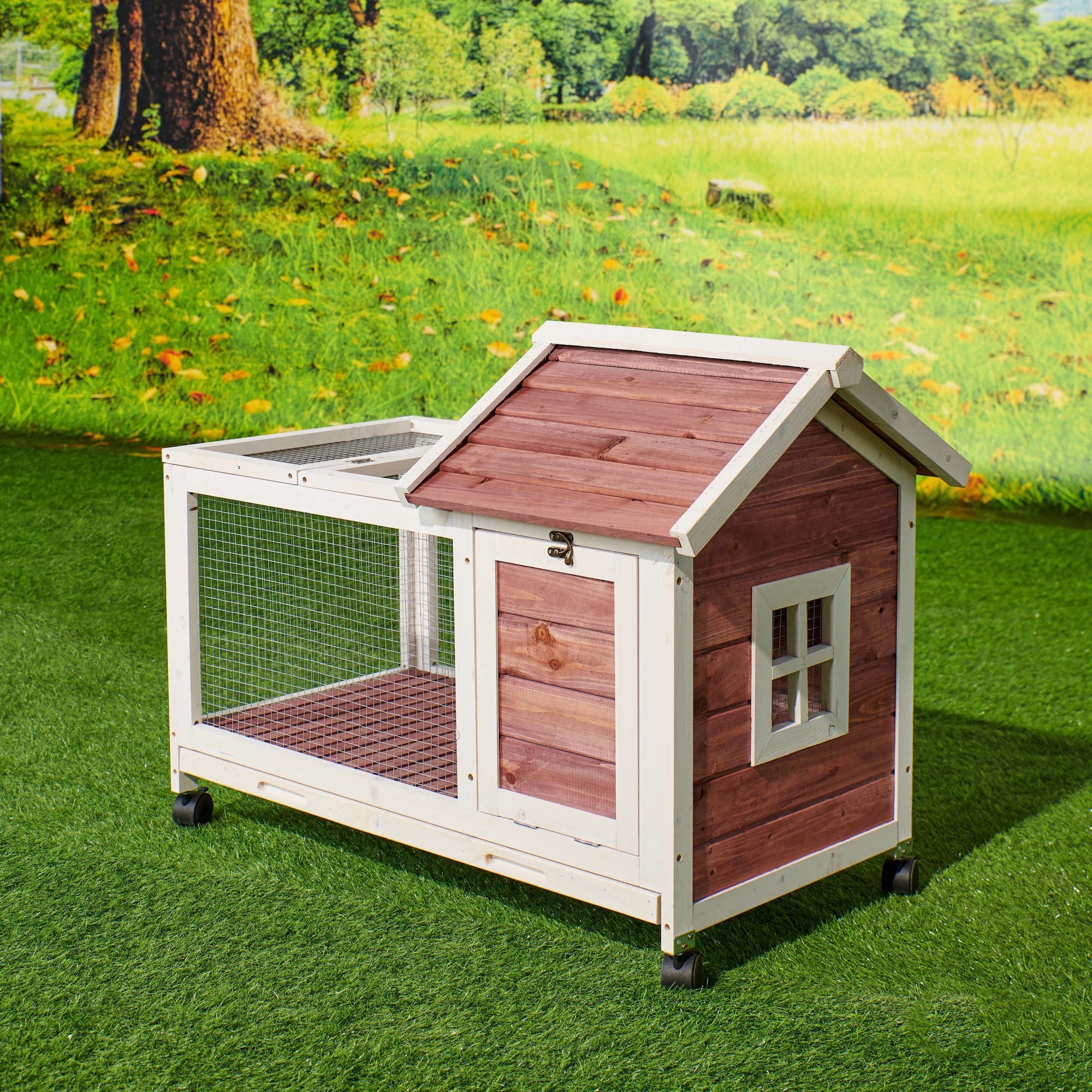 Kadyn Bunny Cages for Rabbits Indoor, Rabbit Hutch with Pull out Trays for Easy Cleaning, Indoor Bunny Cage with 4 Wheels, Auburn