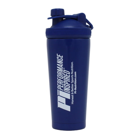 Performance Inspired Nutrition-Double Wall Stainless Steel Shaker–700 ML (23.66 OZ)-Removable Whisk/Strainer-Raised Measurement Markings (ml & oz)-Blue