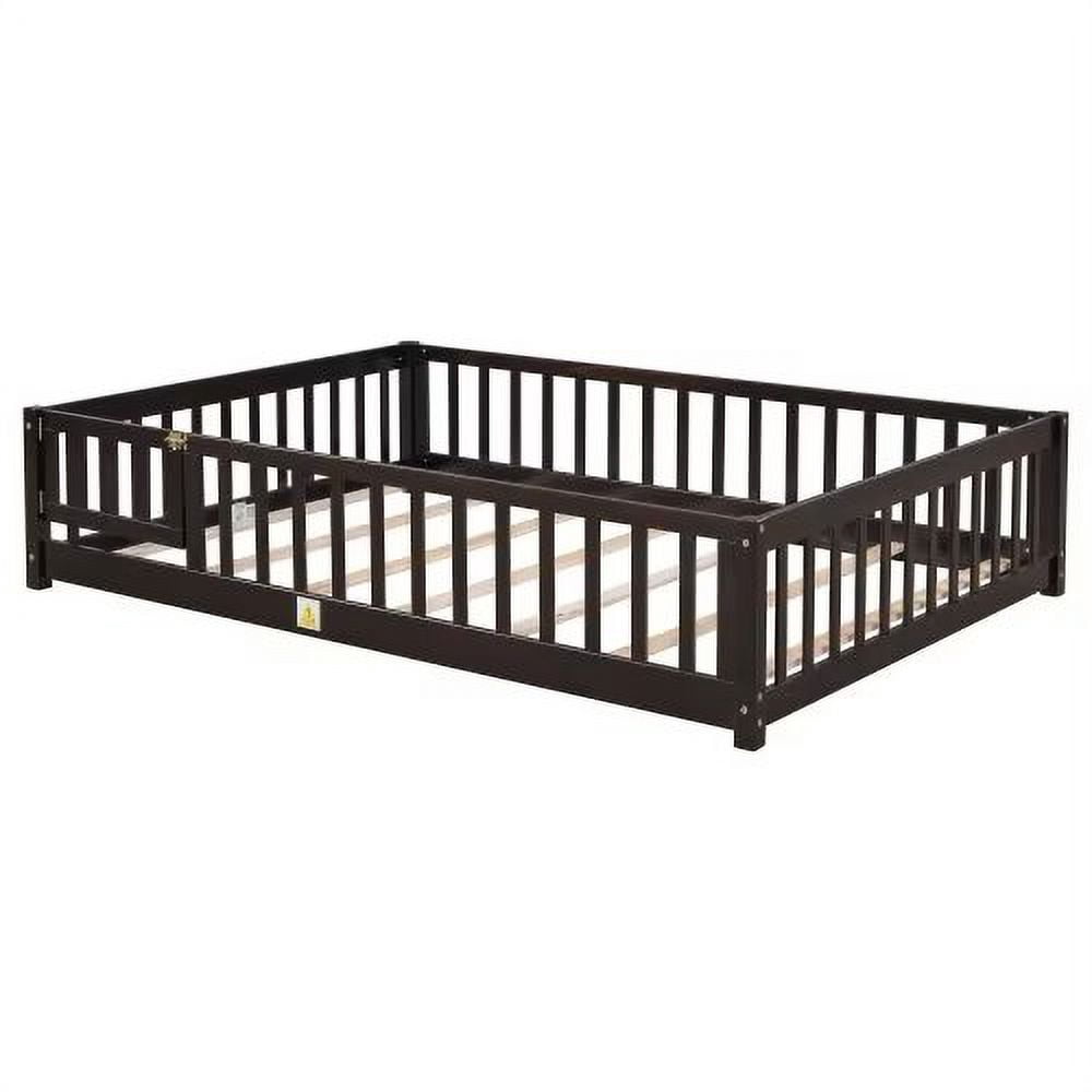 Full Size Floor Bed for Kids, Wood Full Montessori Bed Frame with Fence Guardrails and & Support Slats, Full Playhouse Bed with Door Design, Kids Fence Bed Playpen Bed for Boys ,Girls, Expresso