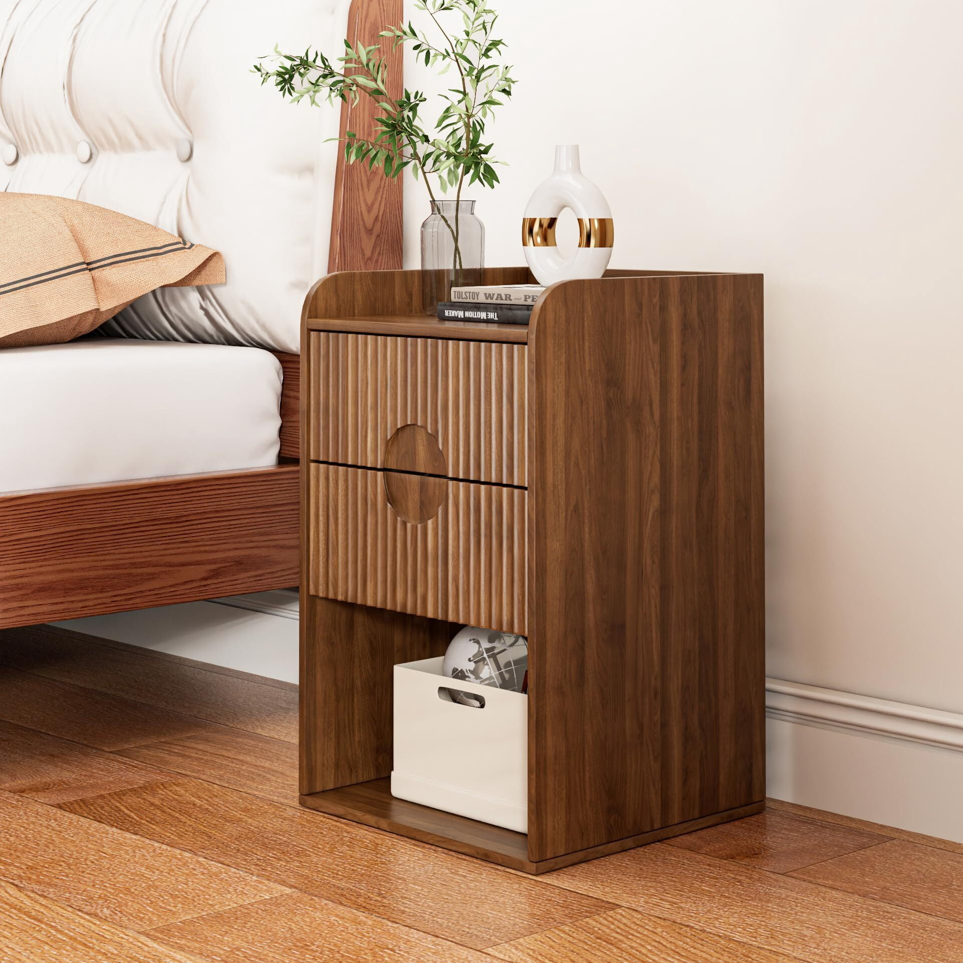 Fluted Nightstand Set of 2, Mid Century Bedside Tables with Drawer & Storage, Small End Tables for Bedroom, Walnut