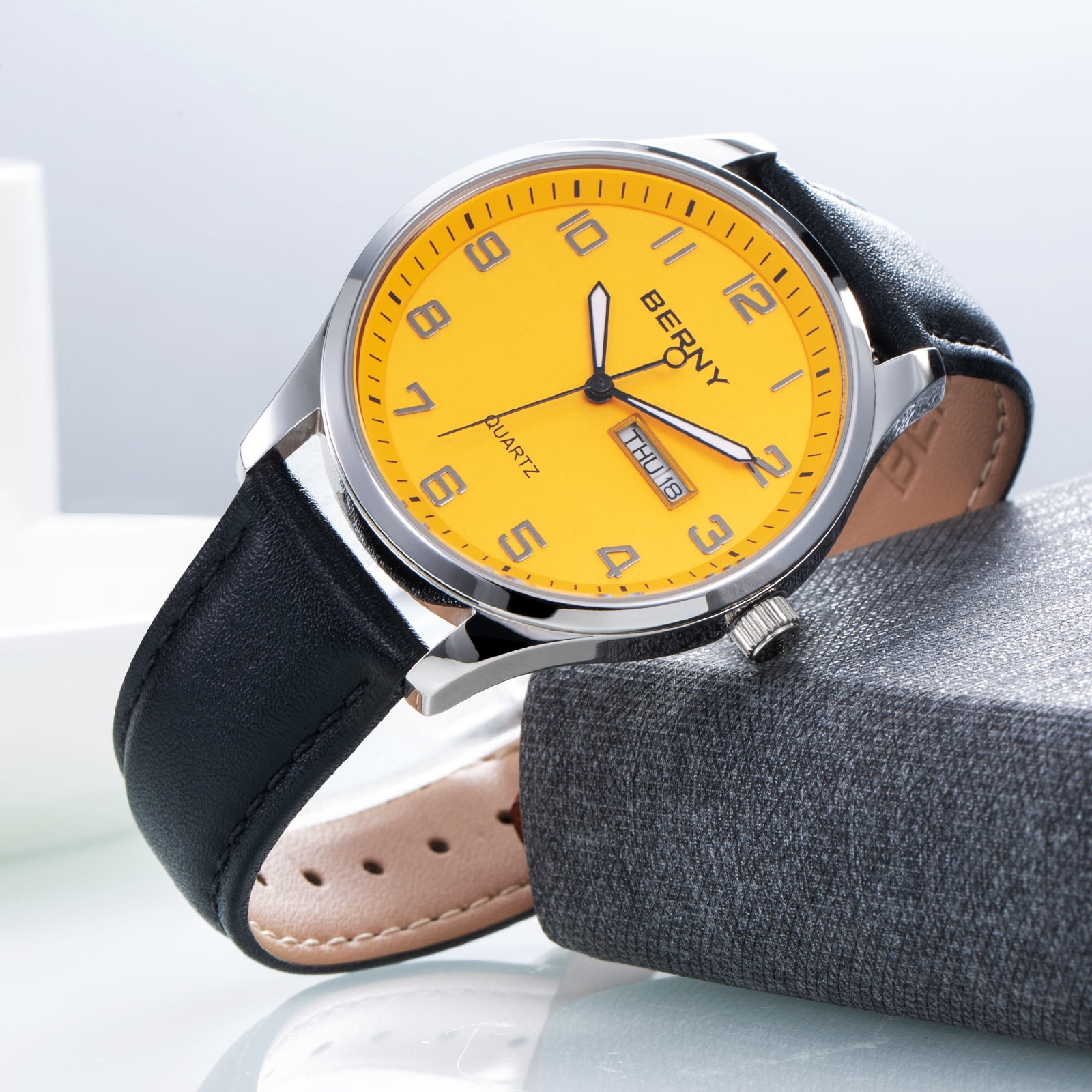 BERNY Modern Quartz Watch for Men Casual Easy Read Wristwatch with Arabic Numeral Watch Dial, Genuine Leather Strap and Day & Date Calendar