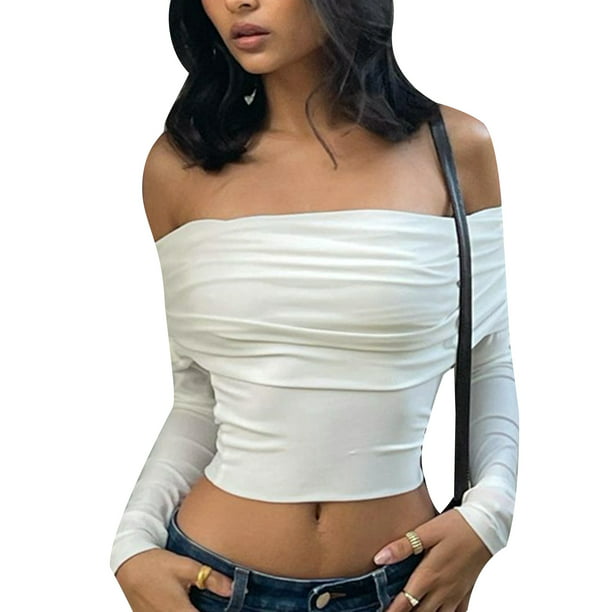Female Y2k Sexy Off Shoulder Cropped T-Shirt Long Sleeve Crop Tee Tops Aesthetic Streetwear - Walmart.com