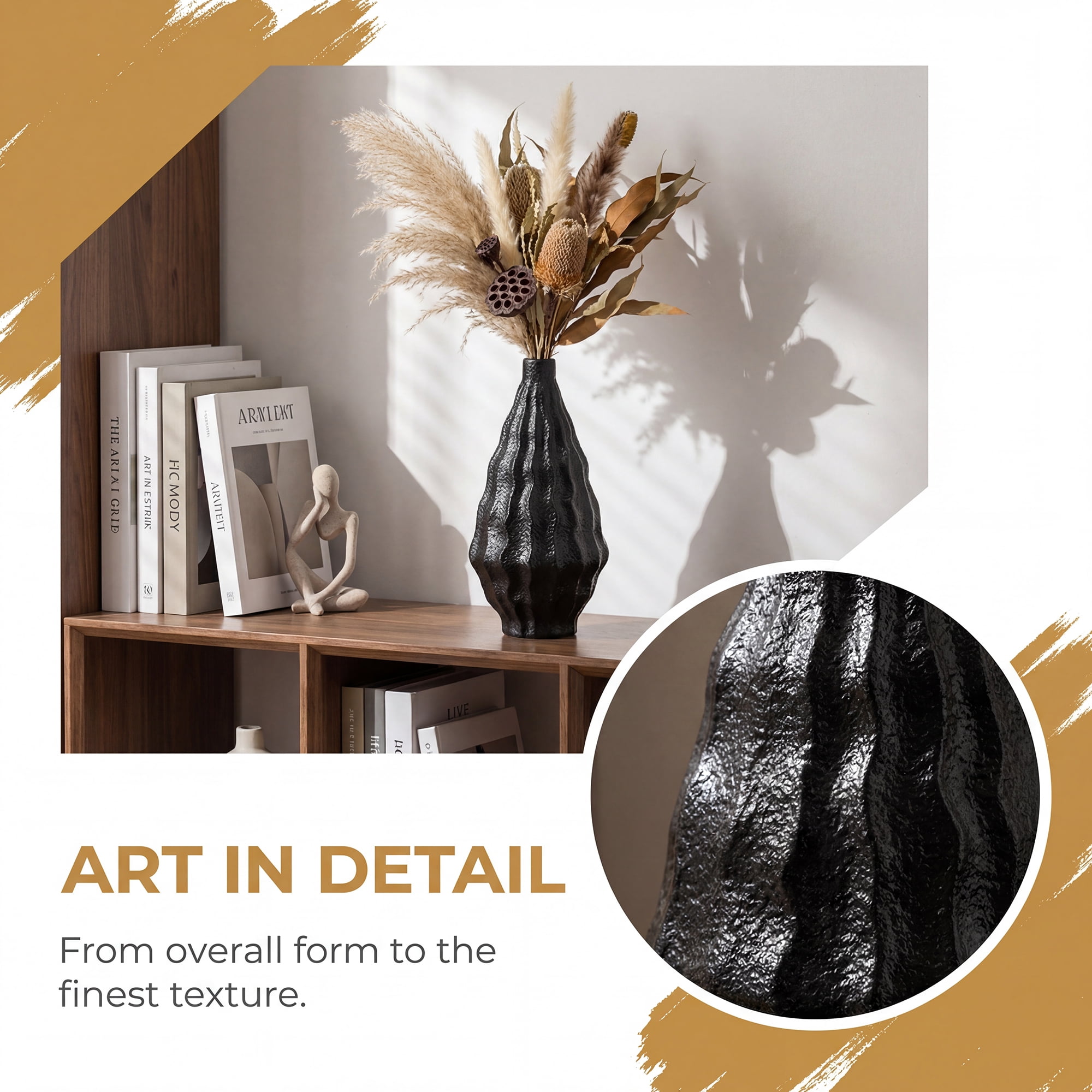 Unique Bargains Matte Chubby Bud Flower Vase with Wide Opening Ribbed Decorative Black
