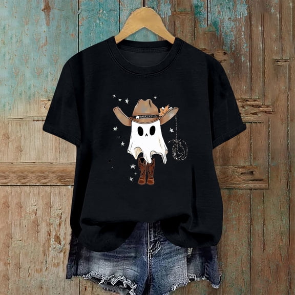 LYEAA Halloween Plus Size T Shirts Short Sleeve Crew Neck Regular Straight Cuff Casual Wear Ghost Holiday Clothes Black L