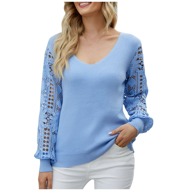 Sweaters For Women, Ropa De Invierno Para Mujer Women's Fall Fashion 2022  Fitted Sweater Tops Women's Solid Color V-Neck Long Sleeve Lace Splicing  Top
