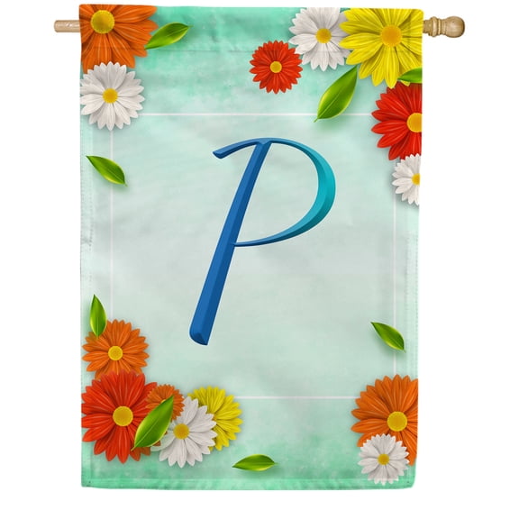 America Forever Summer Floral Monogram House Flag Letter P 28 x 40 inches Cosmos Yellow Red White Spring Flower Double Sided Vertical Outdoor Yard Lawn Decorative Seasonal Summertime House Flag