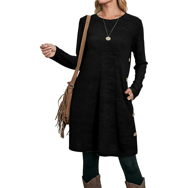 Vestido de punto para mujer, vestido de manga larga, vestido suéter para mujer, vestido túnica, vestido jersey con botones y bolsillos