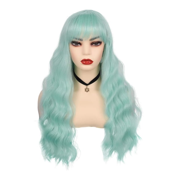 SHILIU-Mint Green Wigs for Women - Long Curly & Wavy Synthetic Hair Wigs with Bangs - Heat Resistant Cosplay Costume Wig