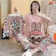 thumbnail image 1 of Conjunto de pijamas de dibujos animados de verano para mujer, pantalones largos de manga corta tipo algodón, ropa para el hogar de estilo lindo, traje de tres piezas, ropa de dormir, 1 of 5