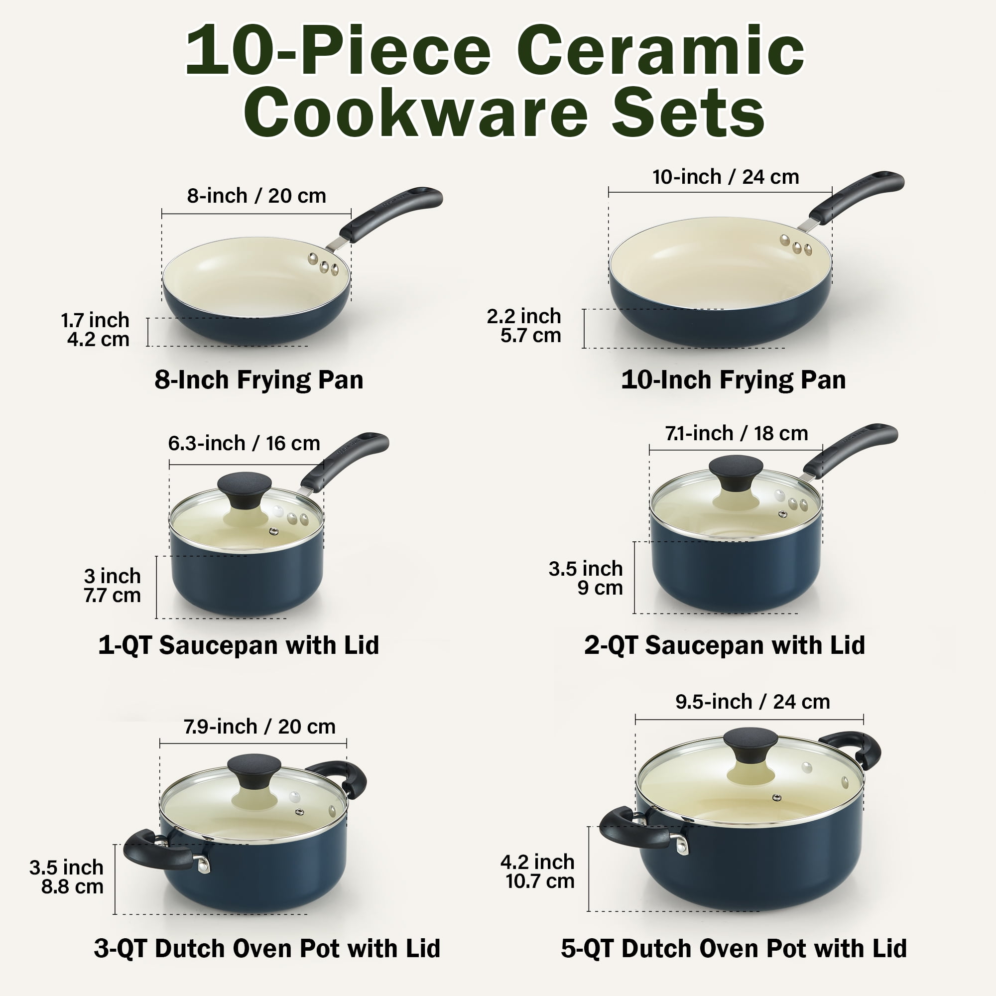 Cook N Home Basics Ceramic Nonstick Pots and Pans Cookware Set, Dutch Ovens and Saucepans with Glass Lid, Frying Pans without Lid, Not Induction, 10-Piece, Blue
