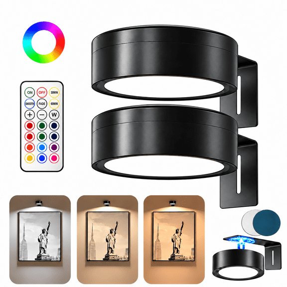 PEUHOP 2 Pack Picture Lights for Wall, Battery Operated Picture Light with 3 Color Temps and 13 RGB, Painting Light with Remote Dimmable Timer, Wall Light for Picture Frames, Black