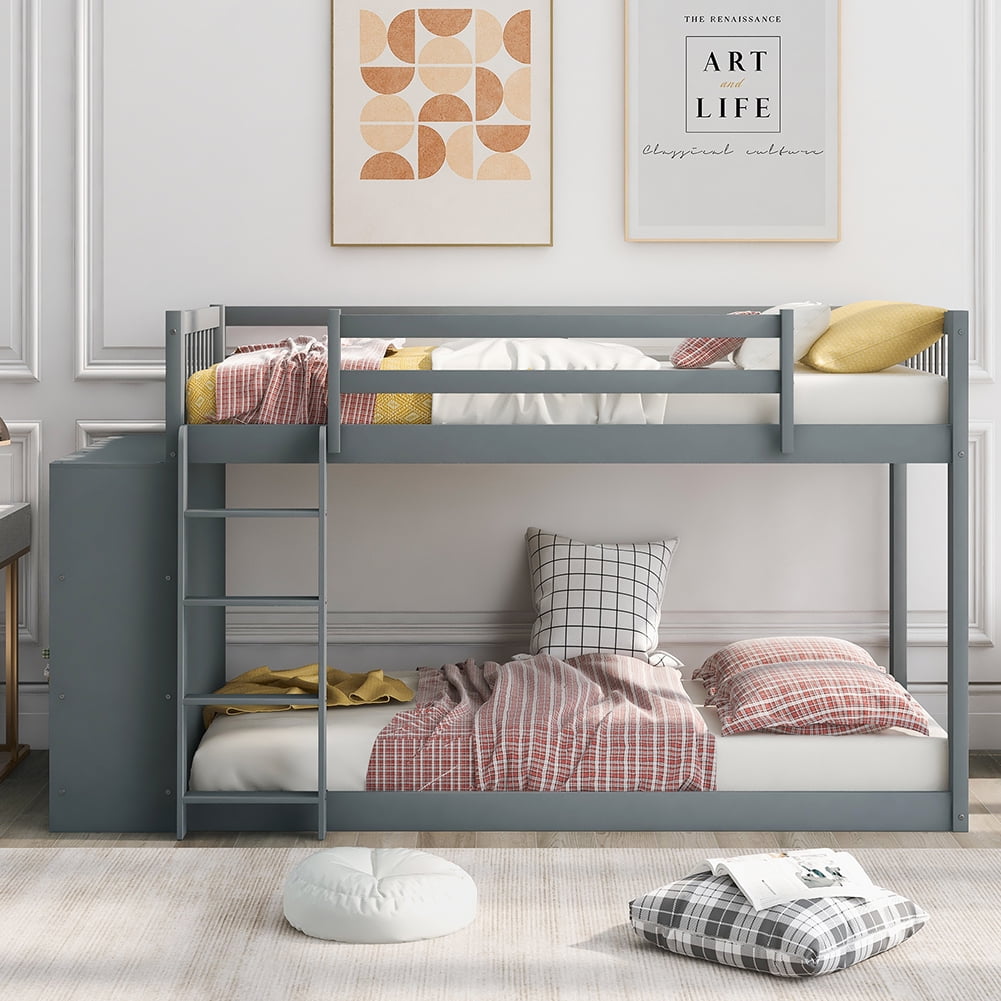 Private Jungle Twin over Twin Bunk Bed with Attached Cabinet and Shelves Storage,Gray