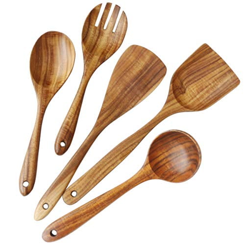 TOPSALE Wooden Kitchen Utensils Set,Wooden Spoons for Cooking Natural Teak Wood Kitchen Spatula Set for Including 7 Pack