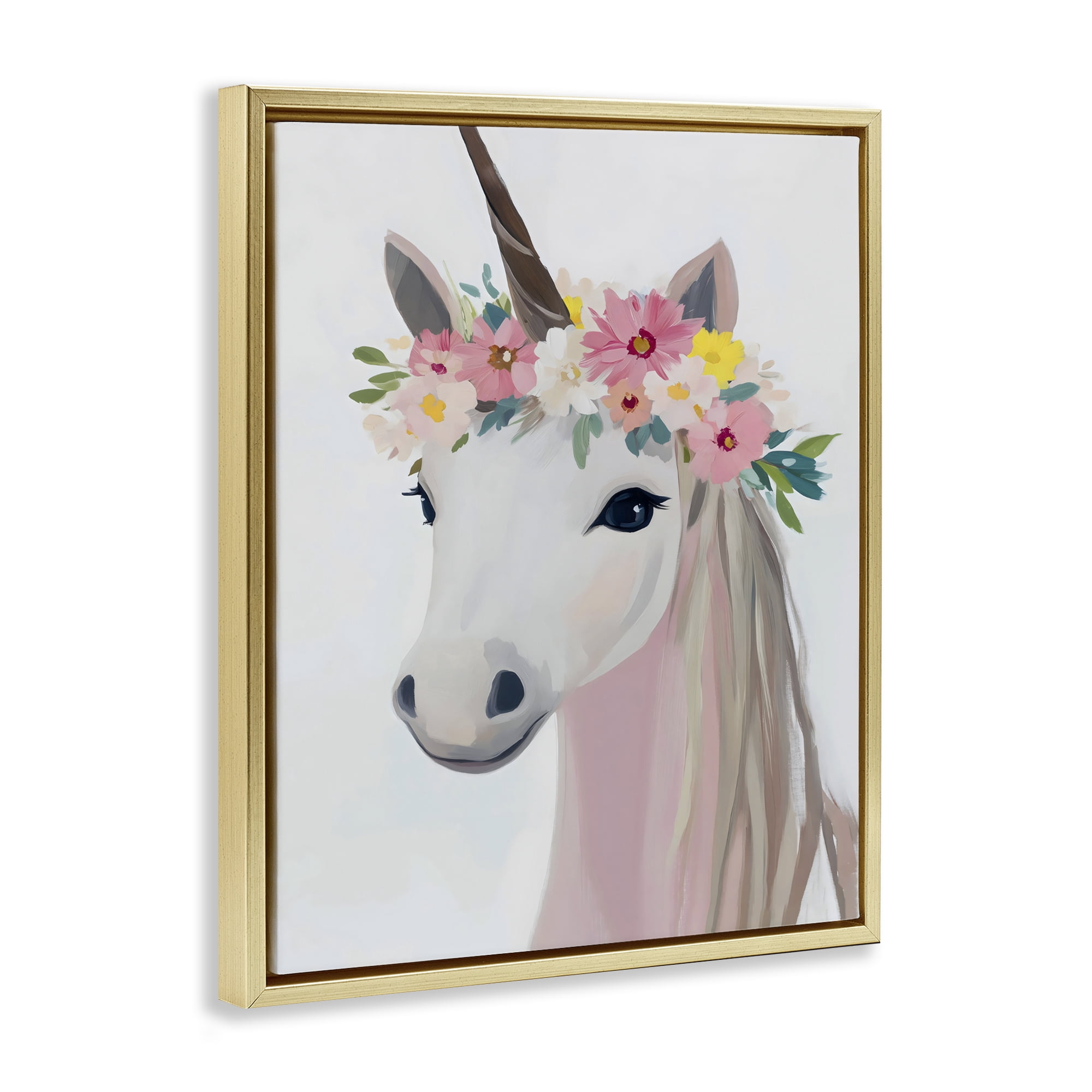 Stupell Industries Flower Crown Unicorn Gold Framed Floater Canvas Wall Art, design by The Prints Vibe
