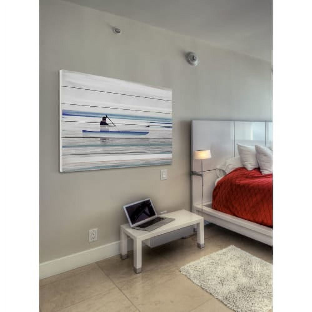 "Canoe on Calm Lake" Painting Print on White Wood
