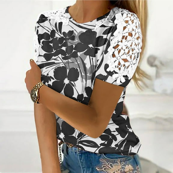 Wycnly Womens Tops Dressy Casual Sexy Lace Patchwork Lightweight Comfy Basic Fit Pullover Tshirts Summer Short Sleeve Round Neck Tops Feather Print Blouse Black m